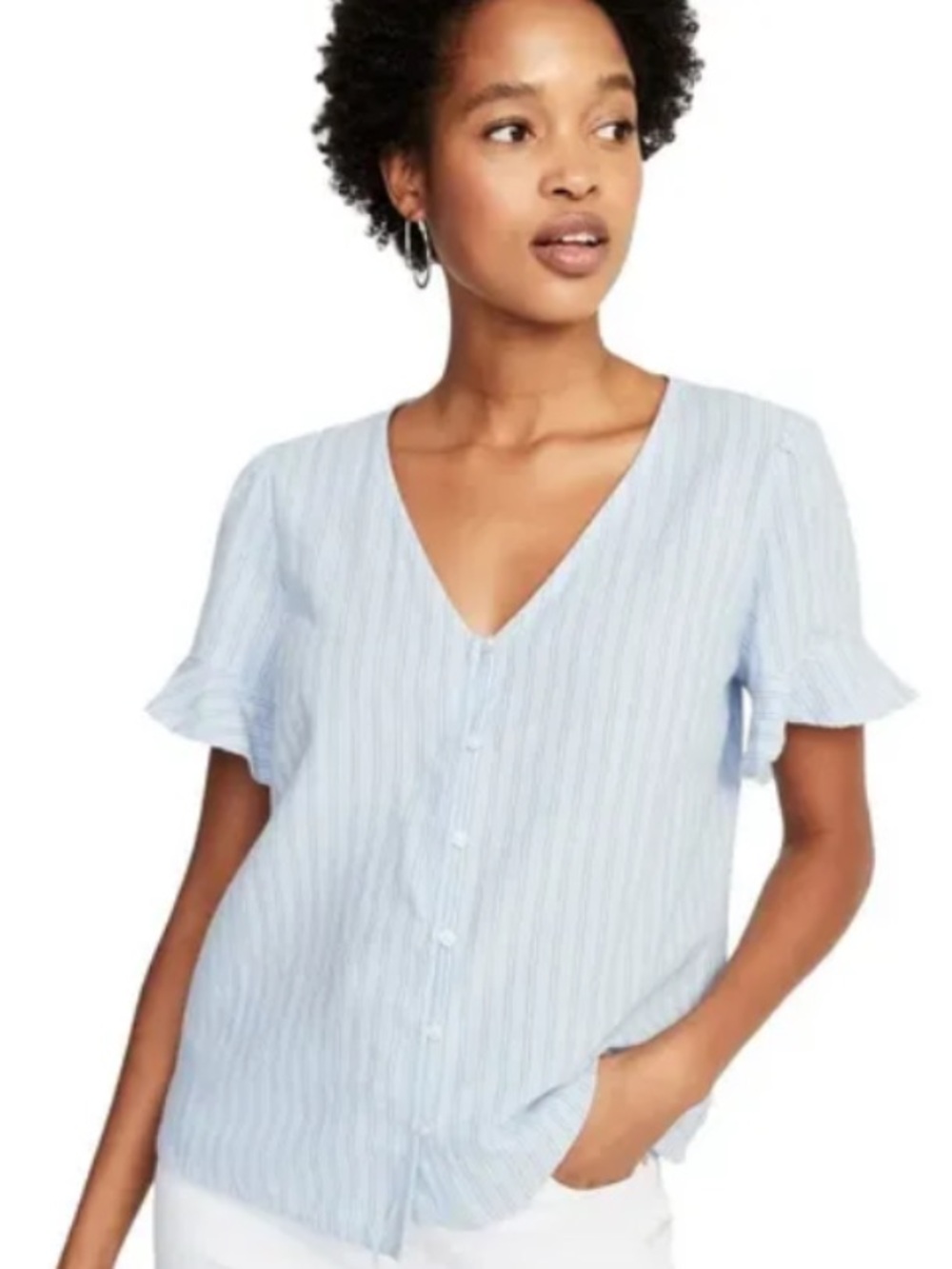 Old Navy Blue and White Striped V-Neck Button Front Top